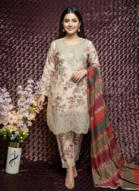 Elegant Floral Raw Silk 3 Piece Stitched Suit with Embroidered Details