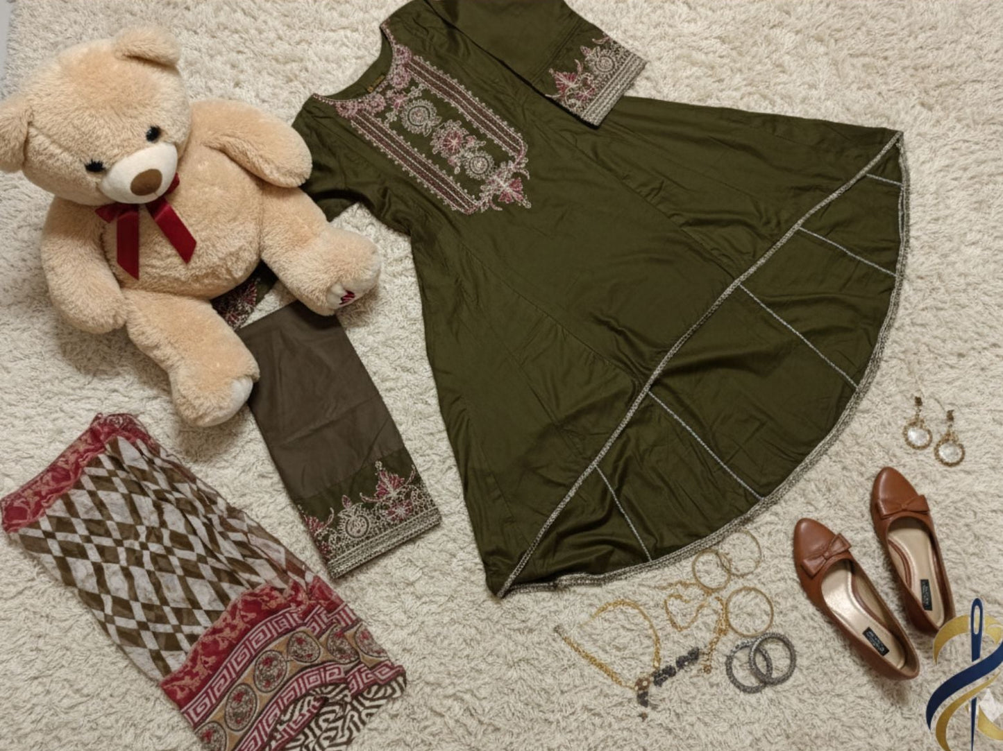 Mehndi Anarkali Embroidered Frock with Chiffon Dupatta – Ready To Wear