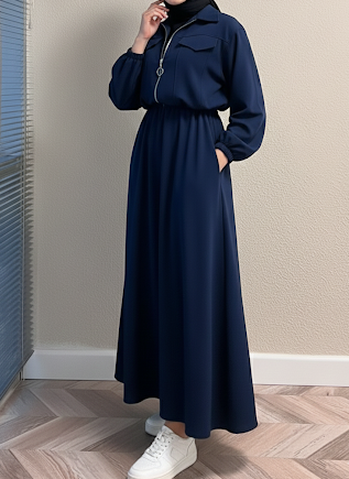 Navy Blue Fleece Maxi Dress with Zipper Jacket