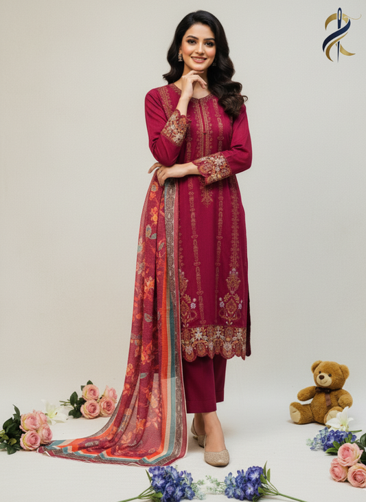 Embroidered Maroon Khadar 3-Piece Stitched Suit with Tissue Dupatta – Medium Size