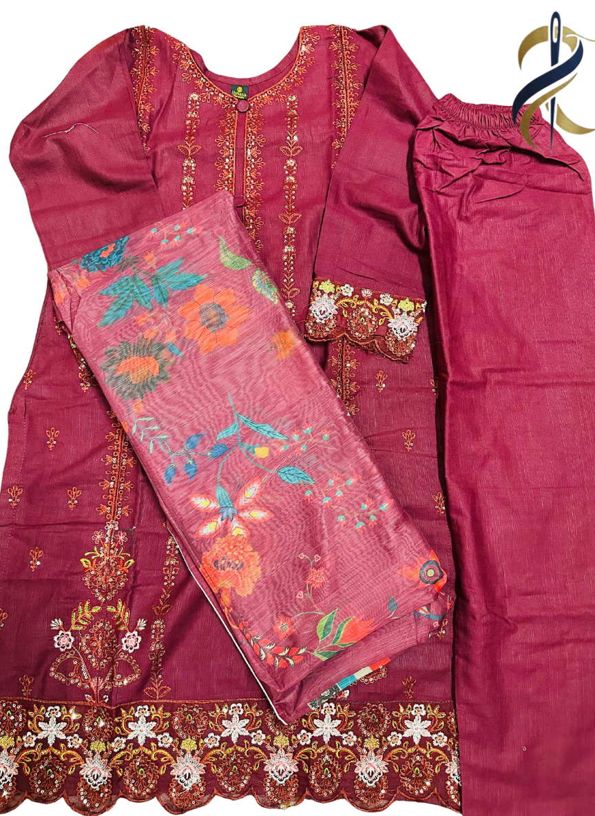 Embroidered Maroon Khadar 3-Piece Stitched Suit with Tissue Dupatta – Medium Size