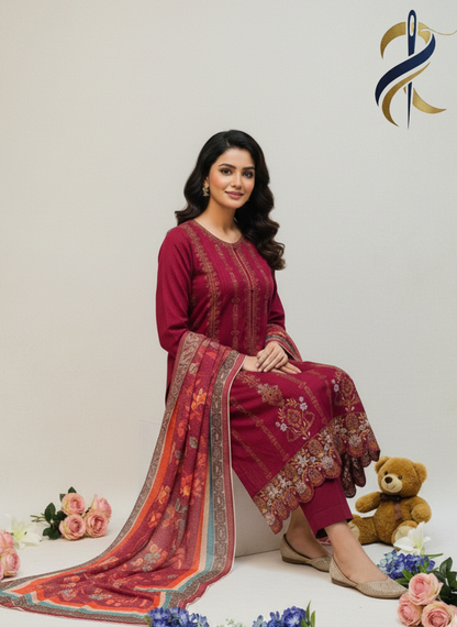 Embroidered Maroon Khadar 3-Piece Stitched Suit with Tissue Dupatta – Medium Size