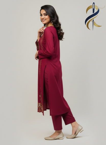 Embroidered Maroon Khadar 3-Piece Stitched Suit with Tissue Dupatta – Medium Size