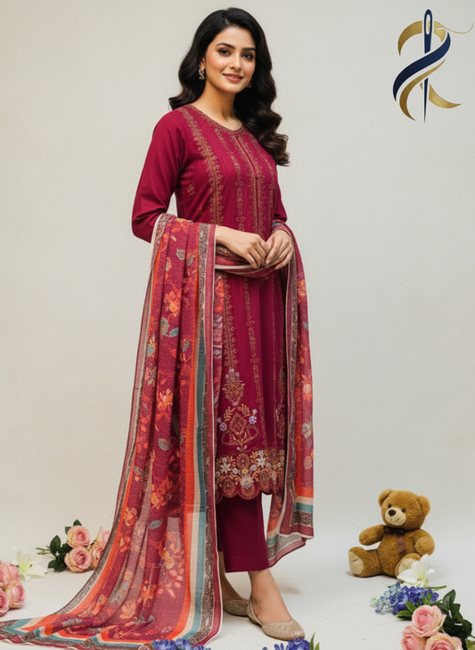 Embroidered Maroon Khadar 3-Piece Stitched Suit with Tissue Dupatta – Medium Size