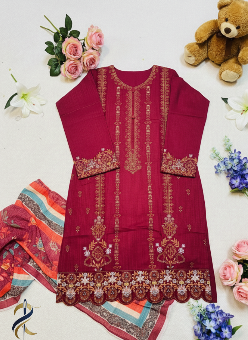 Embroidered Maroon Khadar 3-Piece Stitched Suit with Tissue Dupatta – Medium Size