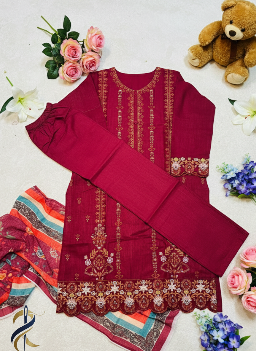 Embroidered Maroon Khadar 3-Piece Stitched Suit with Tissue Dupatta – Medium Size