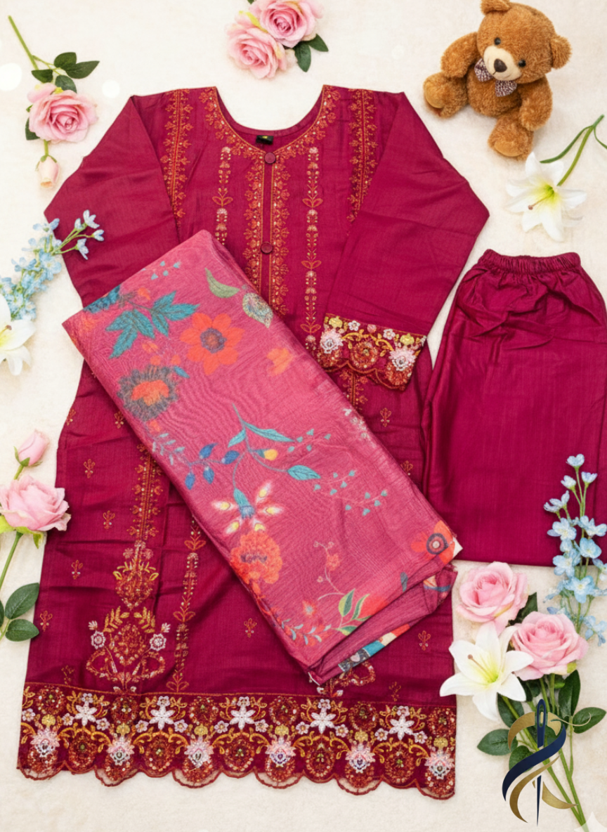 Embroidered Maroon Khadar 3-Piece Stitched Suit with Tissue Dupatta – Medium Size