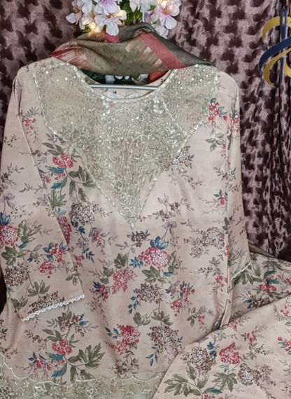 Elegant Floral Raw Silk 3 Piece Stitched Suit with Embroidered Details