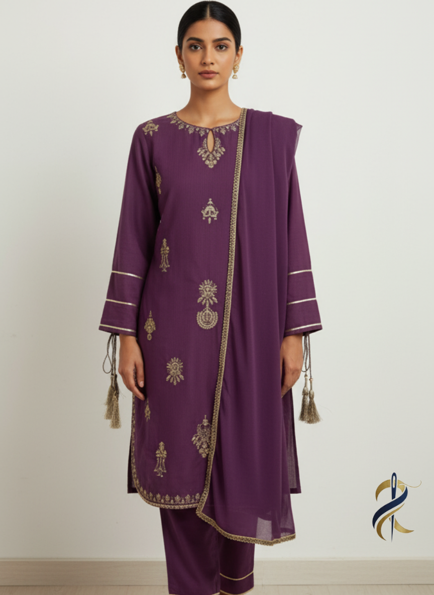 Elegant Purple Embroidered 3-Piece Suit – Perfect for Winter - Ready to wear