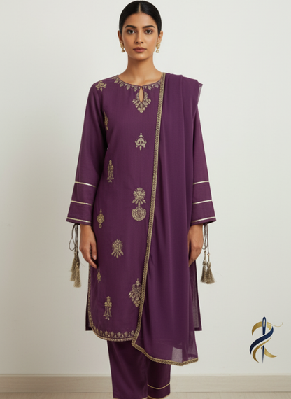 Elegant Purple Embroidered 3-Piece Suit – Perfect for Winter - Ready to wear