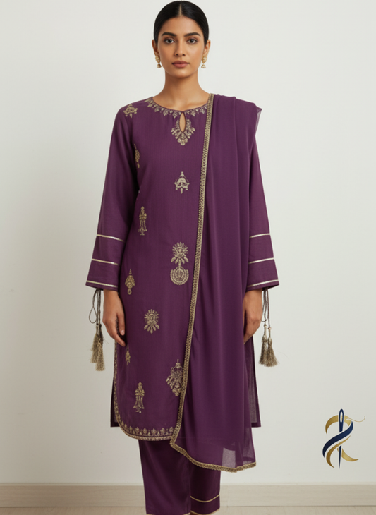 Elegant Purple Embroidered 3-Piece Suit – Perfect for Winter - Ready to wear