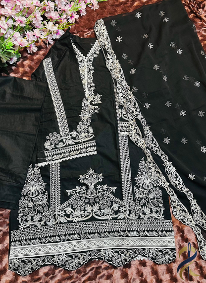 Black Stitched 3-Piece Embroidered Cotton Suit – Small Size