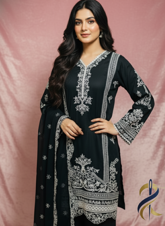 Black Stitched 3-Piece Embroidered Cotton Suit – Small Size