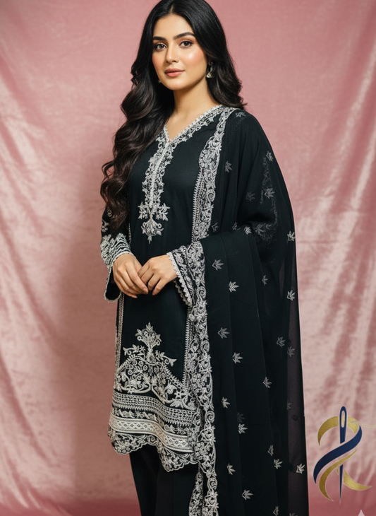 Black Stitched 3-Piece Embroidered Cotton Suit – Small Size