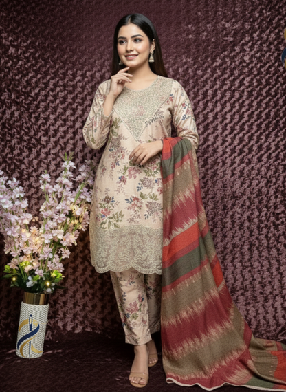 Elegant Floral Raw Silk 3 Piece Stitched Suit with Embroidered Details