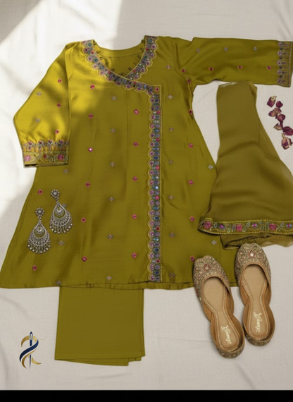 Olive Green Embroidered Viscose Frock with Trousers & Chiffon Dupatta