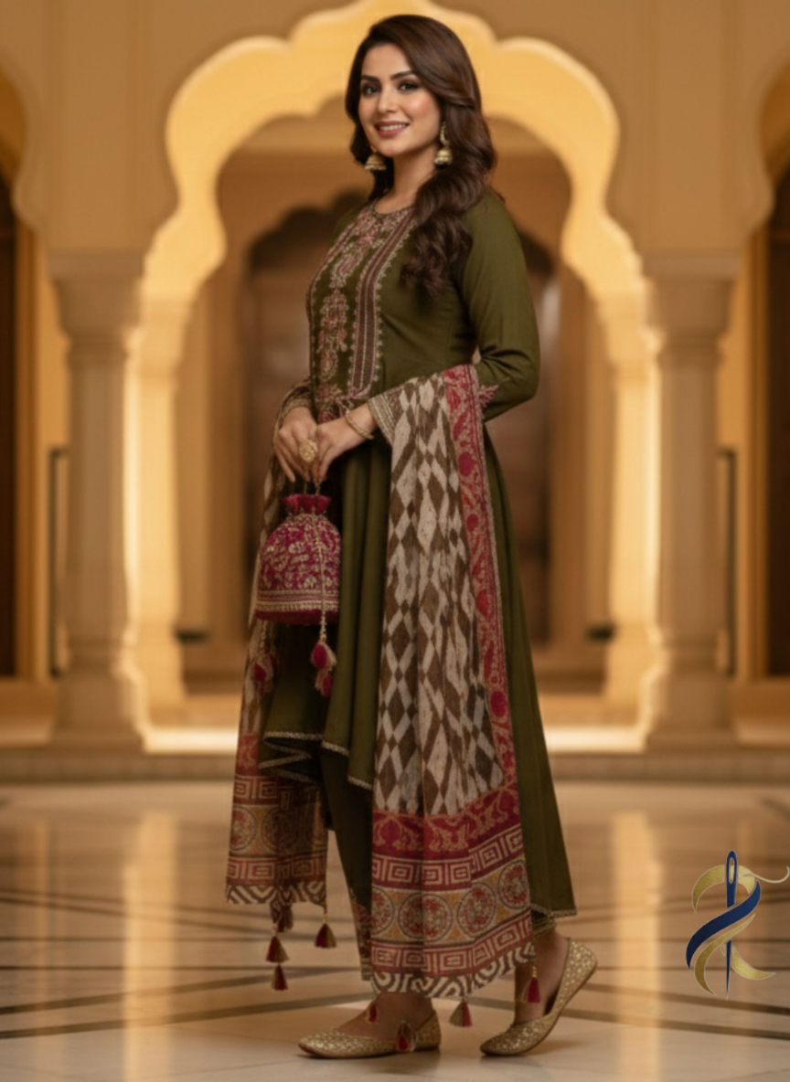 Mehndi Anarkali Embroidered Frock with Chiffon Dupatta – Ready To Wear