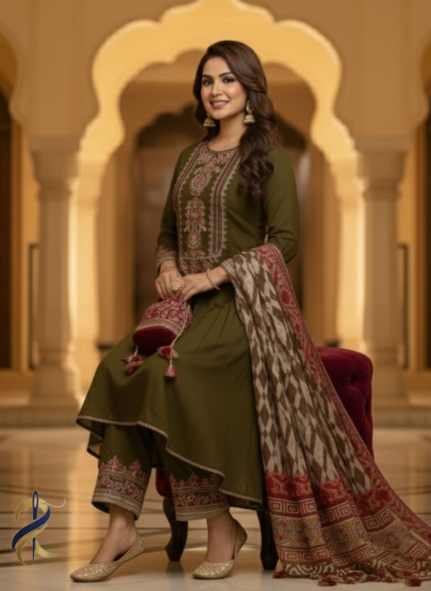 Mehndi Anarkali Embroidered Frock with Chiffon Dupatta – Ready To Wear