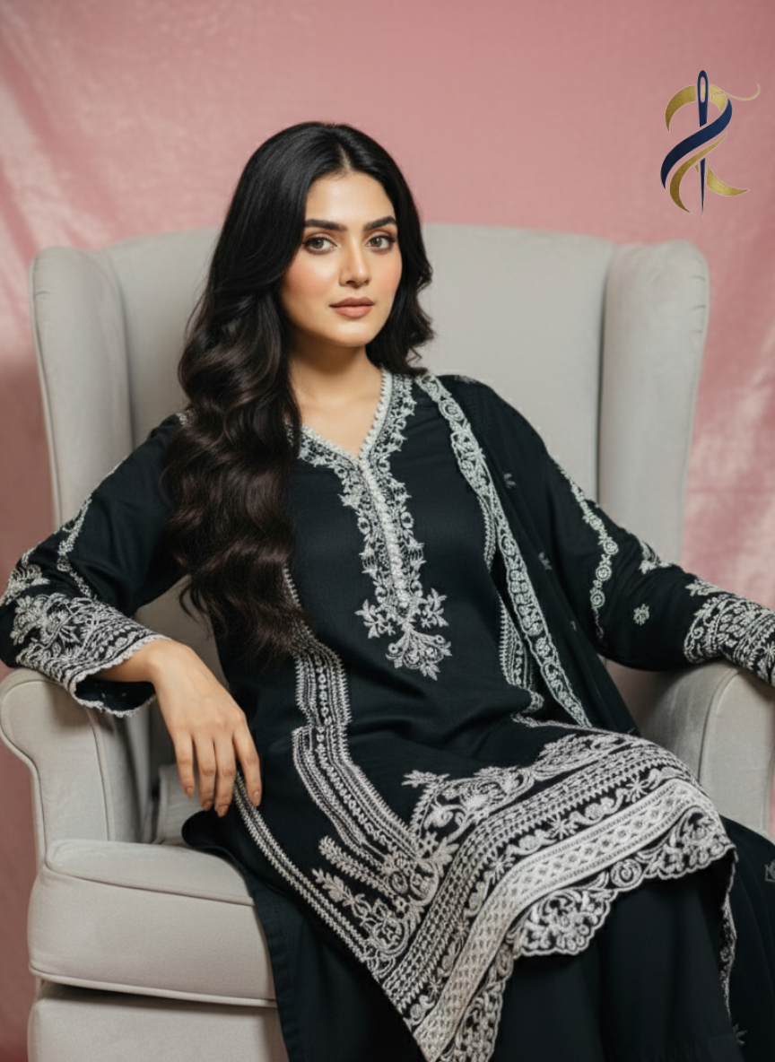 Black Stitched 3-Piece Embroidered Cotton Suit – Small Size