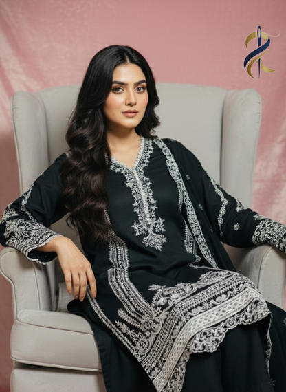 Black Stitched 3-Piece Embroidered Cotton Suit – Small Size