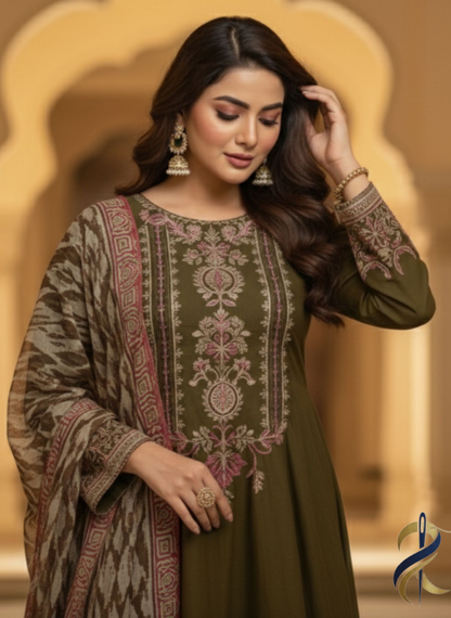 Mehndi Anarkali Embroidered Frock with Chiffon Dupatta – Ready To Wear