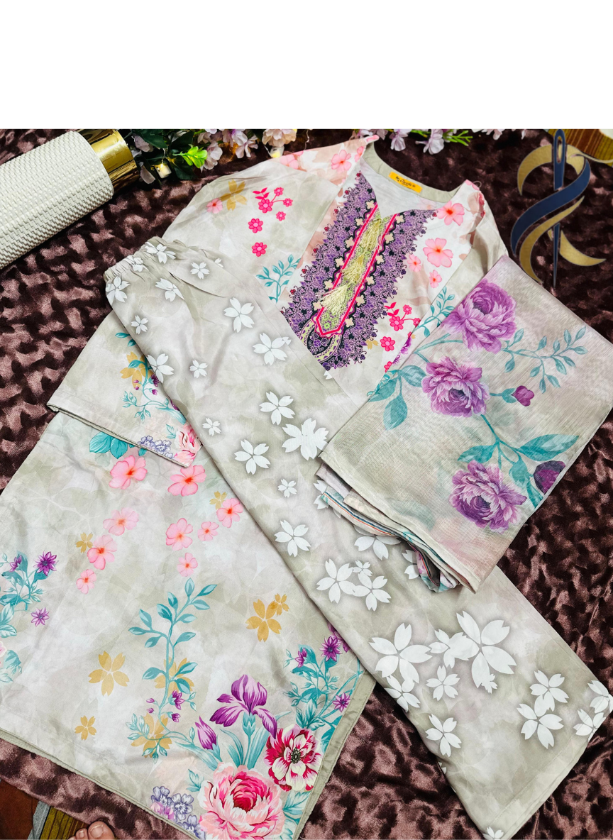 floral 3-piece stitched suit in medium size, Raw silk shirt and trouser paired with a chiffon–tissue mix dupatta.