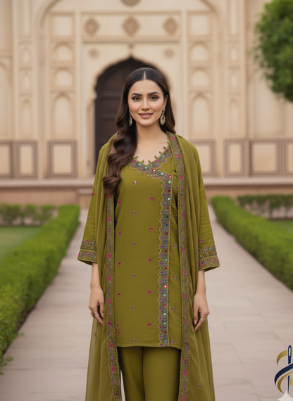 Olive Green Embroidered Viscose Frock with Trousers & Chiffon Dupatta