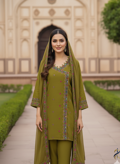 Olive Green Embroidered Viscose Frock with Trousers & Chiffon Dupatta