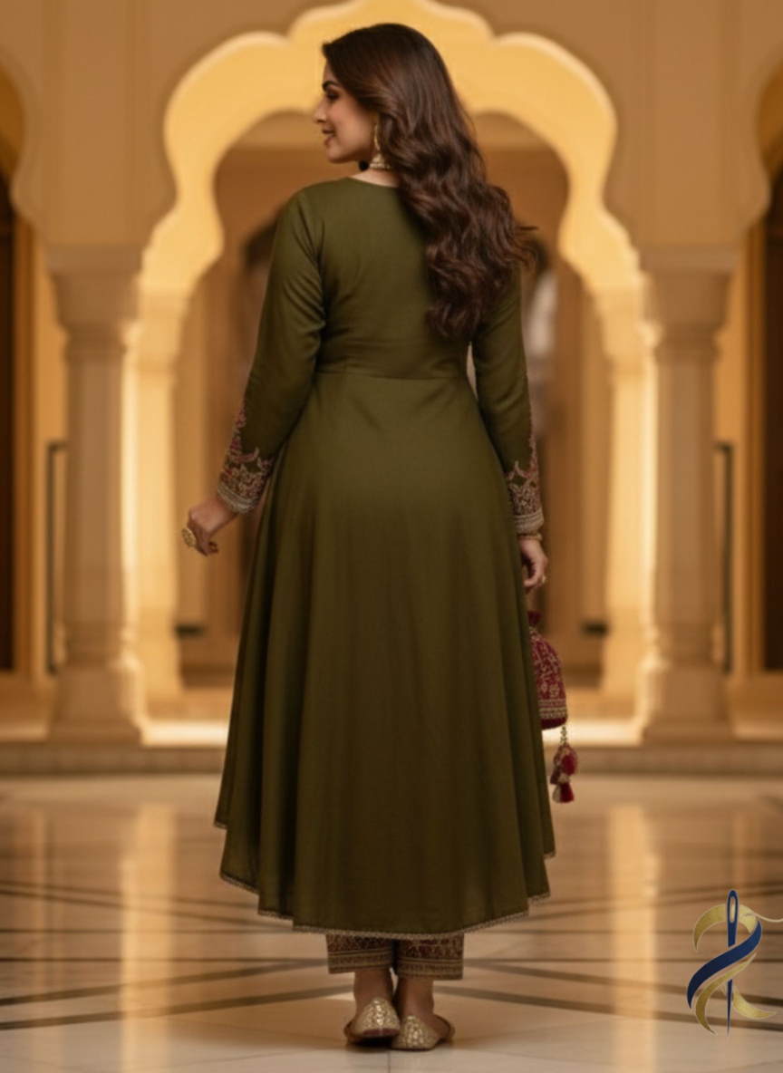 Mehndi Anarkali Embroidered Frock with Chiffon Dupatta – Ready To Wear