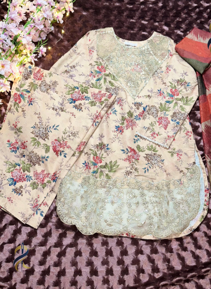 Elegant Floral Raw Silk 3 Piece Stitched Suit with Embroidered Details