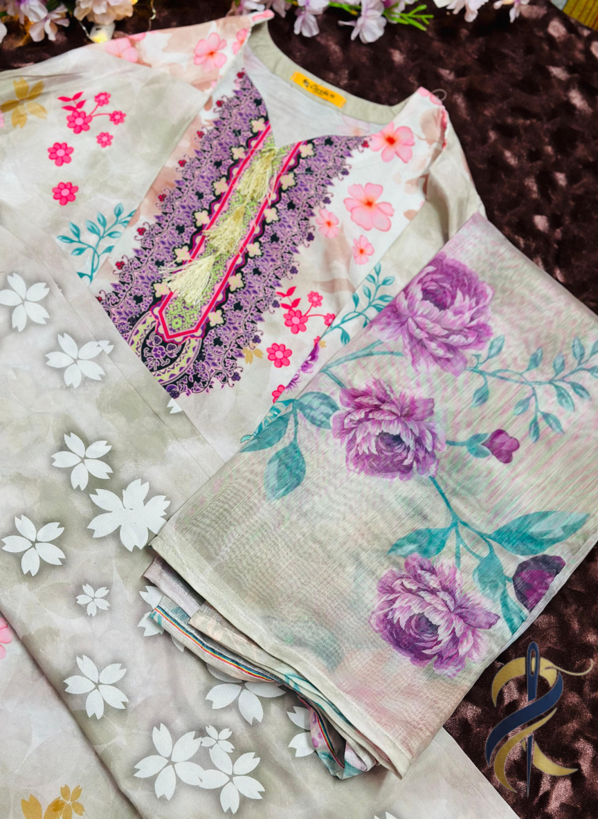 floral 3-piece stitched suit in medium size, Raw silk shirt and trouser paired with a chiffon–tissue mix dupatta.