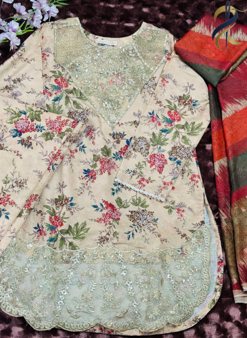 Elegant Floral Raw Silk 3 Piece Stitched Suit with Embroidered Details