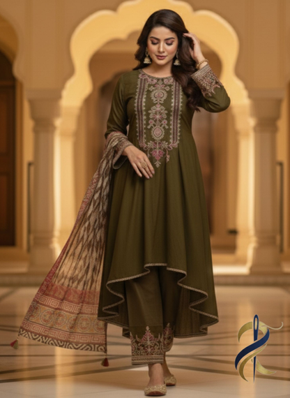 Mehndi Anarkali Embroidered Frock with Chiffon Dupatta – Ready To Wear