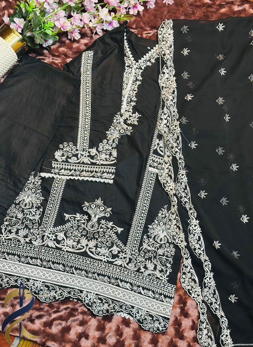 Black Stitched 3-Piece Embroidered Cotton Suit – Small Size