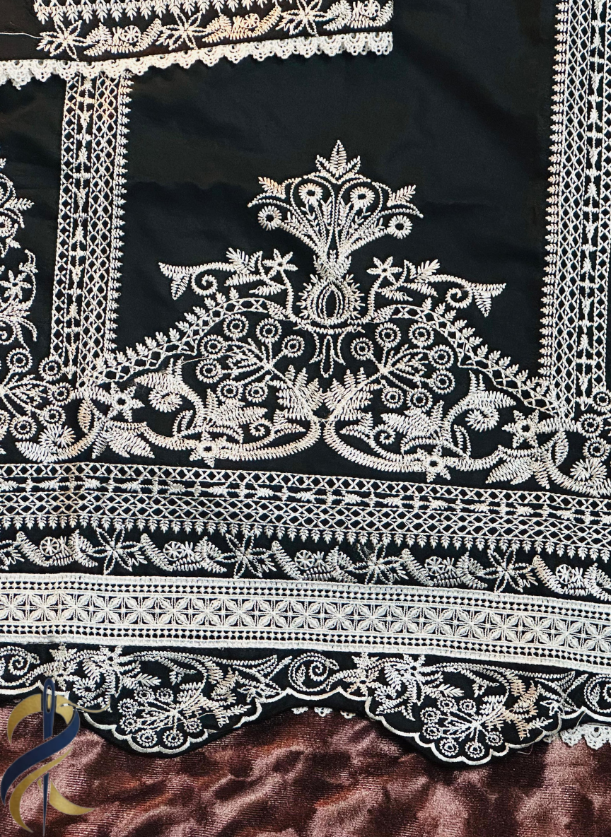 Black Stitched 3-Piece Embroidered Cotton Suit – Small Size