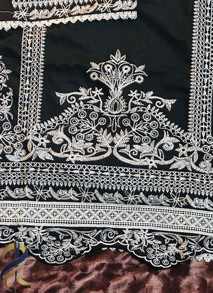 Black Stitched 3-Piece Embroidered Cotton Suit – Small Size