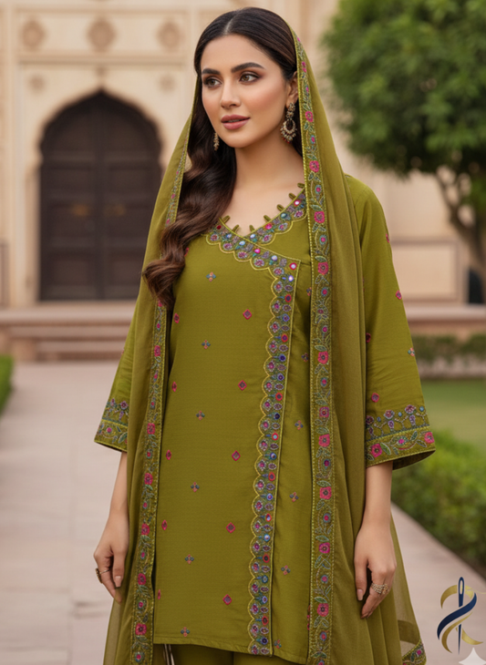Olive Green Embroidered Viscose Frock with Trousers & Chiffon Dupatta