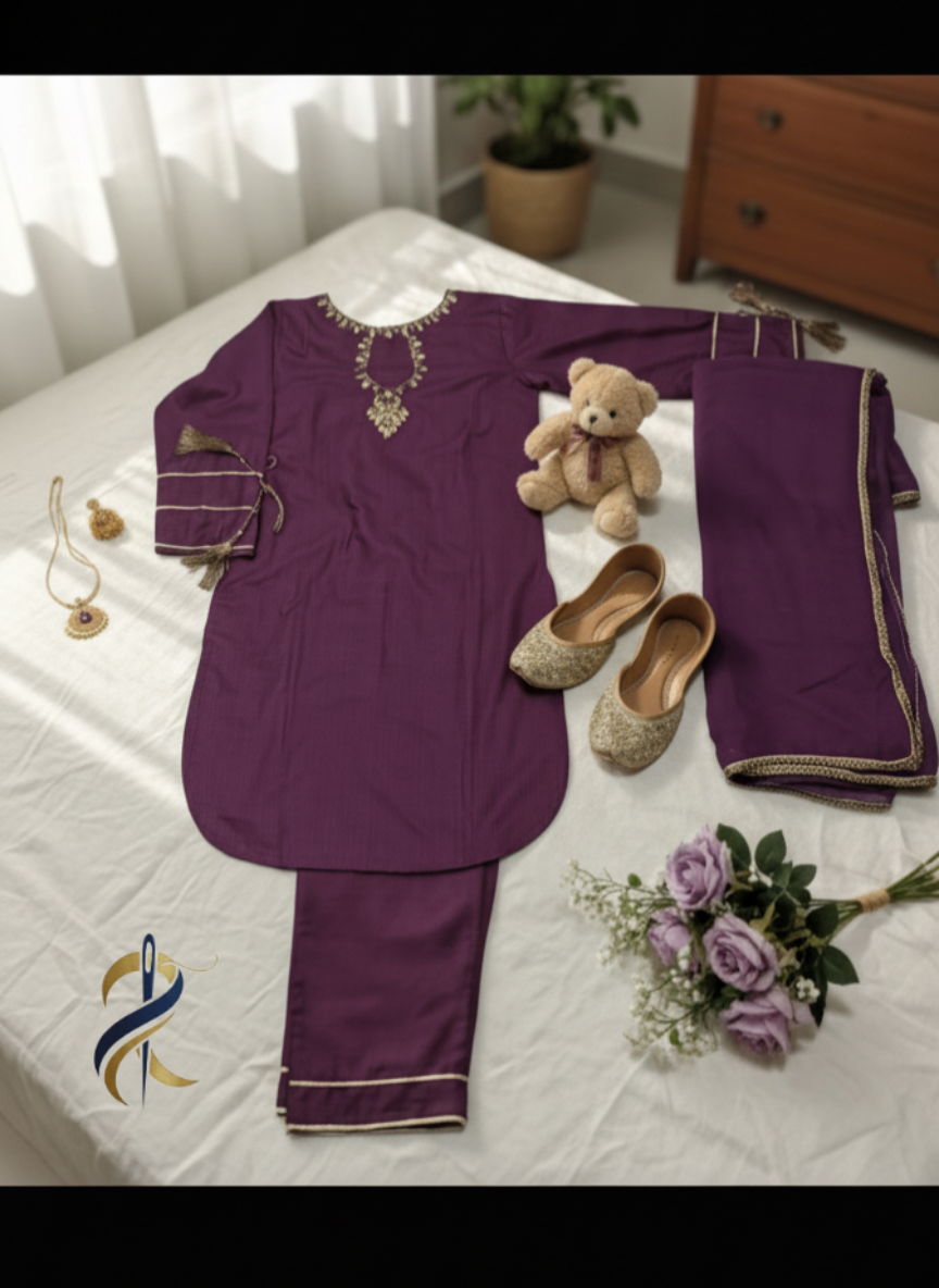 Elegant Purple Embroidered 3-Piece Suit – Perfect for Winter - Ready to wear