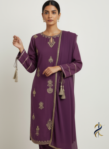 Elegant Purple Embroidered 3-Piece Suit – Perfect for Winter - Ready to wear