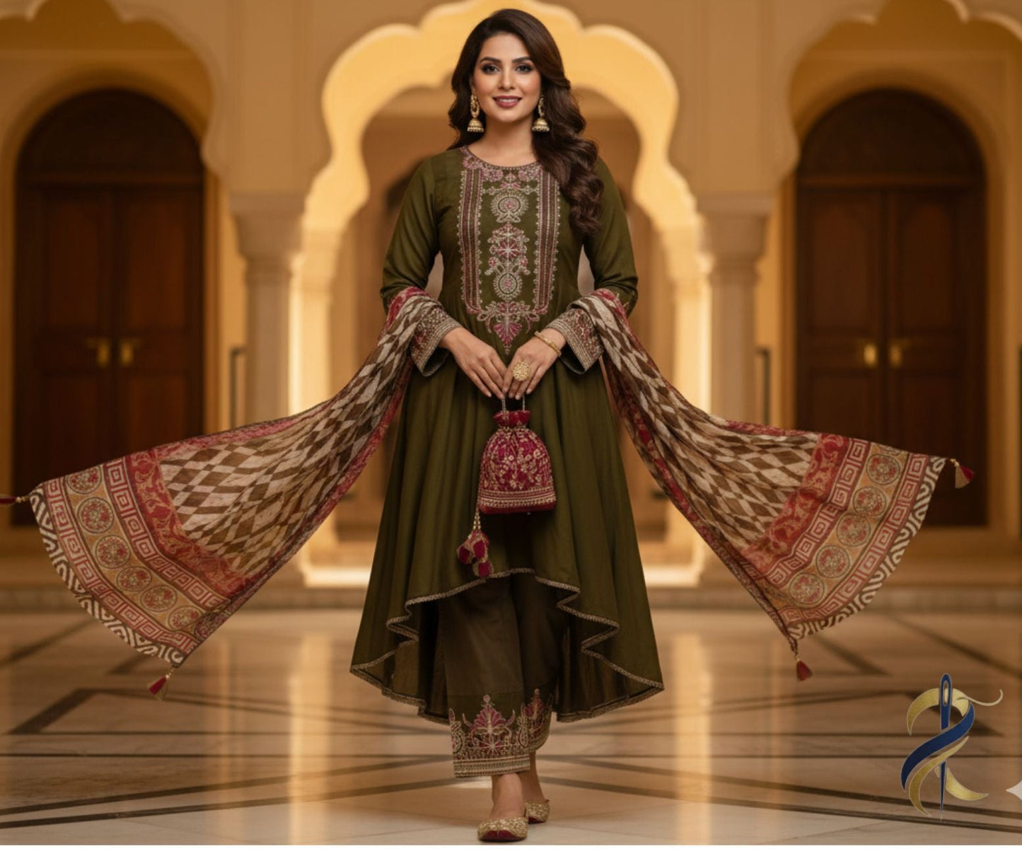 Mehndi Anarkali Embroidered Frock with Chiffon Dupatta – Ready To Wear