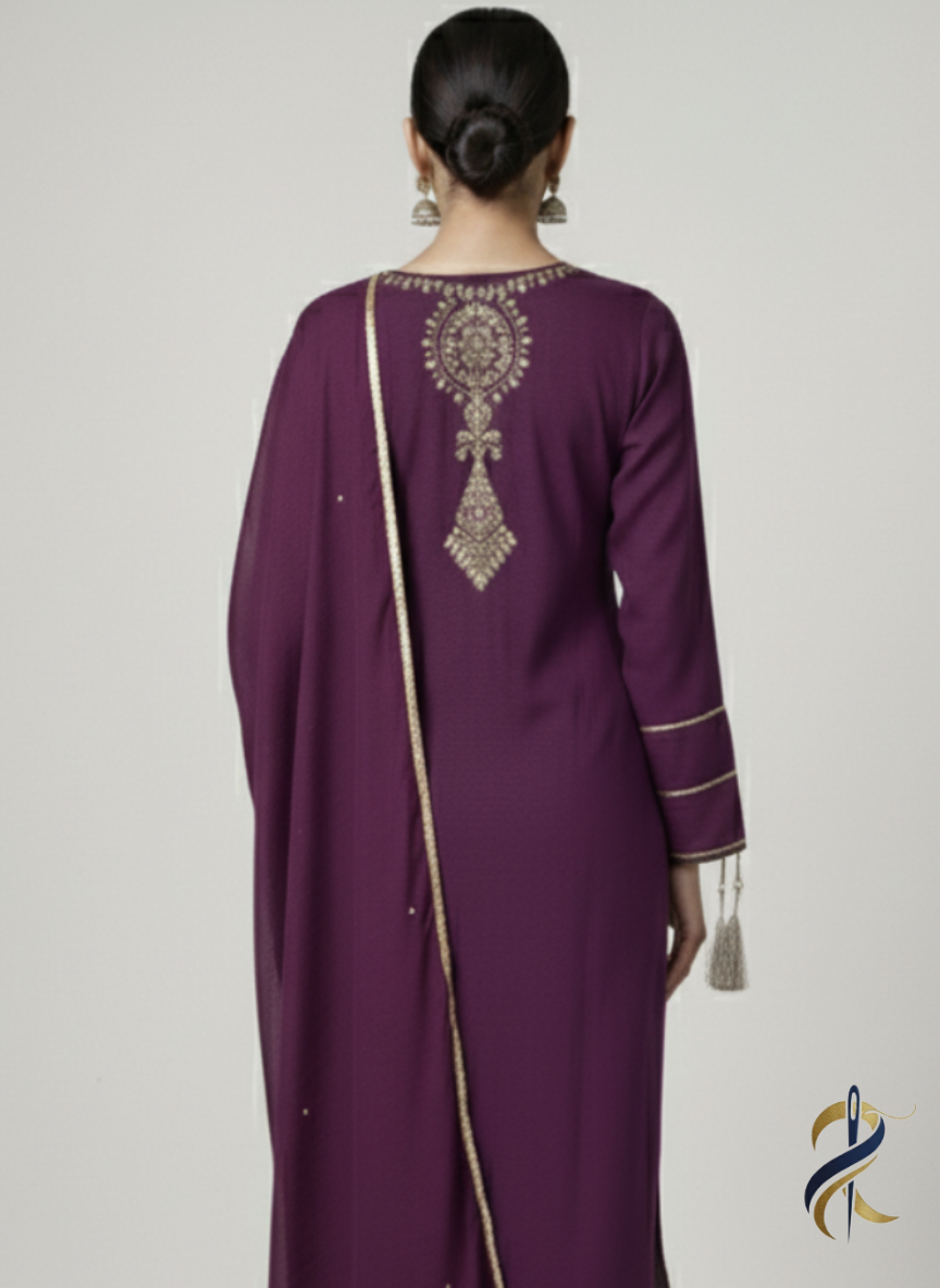 Elegant Purple Embroidered 3-Piece Suit – Perfect for Winter - Ready to wear