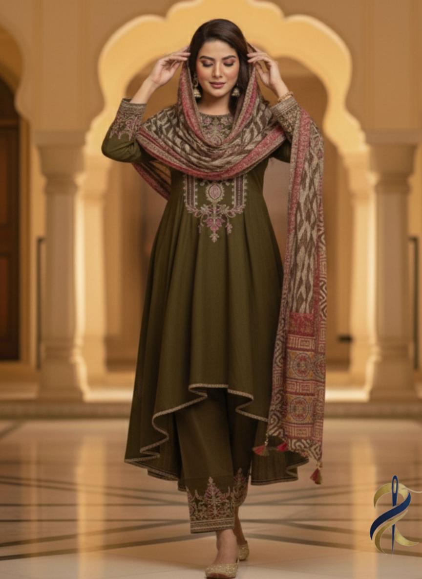 Mehndi Anarkali Embroidered Frock with Chiffon Dupatta – Ready To Wear
