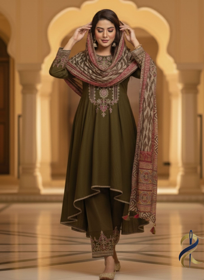 Mehndi Anarkali Embroidered Frock with Chiffon Dupatta – Ready To Wear