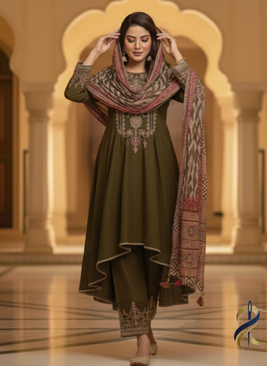 Mehndi Anarkali Embroidered Frock with Chiffon Dupatta – Ready To Wear
