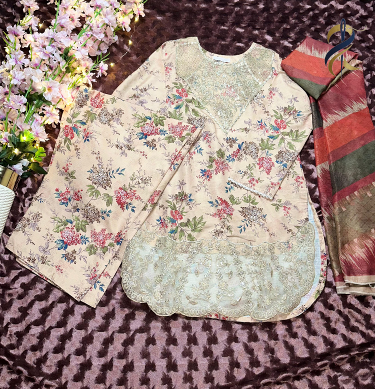 Elegant Floral Raw Silk 3 Piece Stitched Suit with Embroidered Details