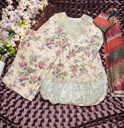 Elegant Floral Raw Silk 3 Piece Stitched Suit with Embroidered Details