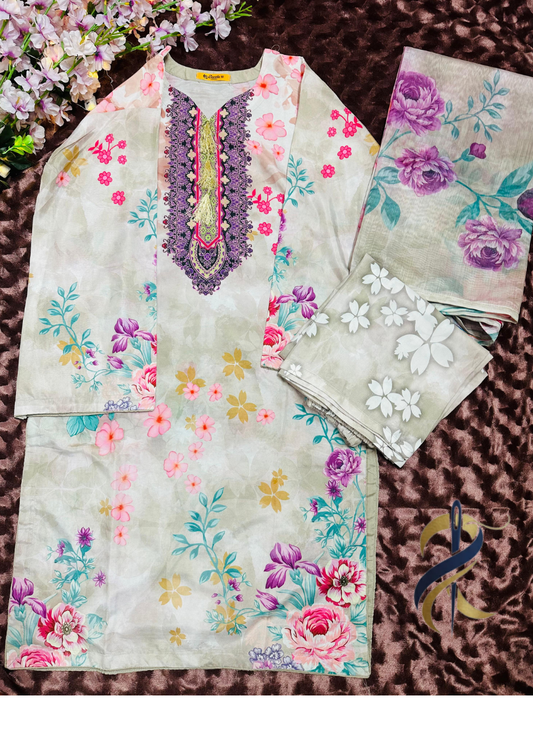 floral 3-piece stitched suit in medium size, Raw silk shirt and trouser paired with a chiffon–tissue mix dupatta.